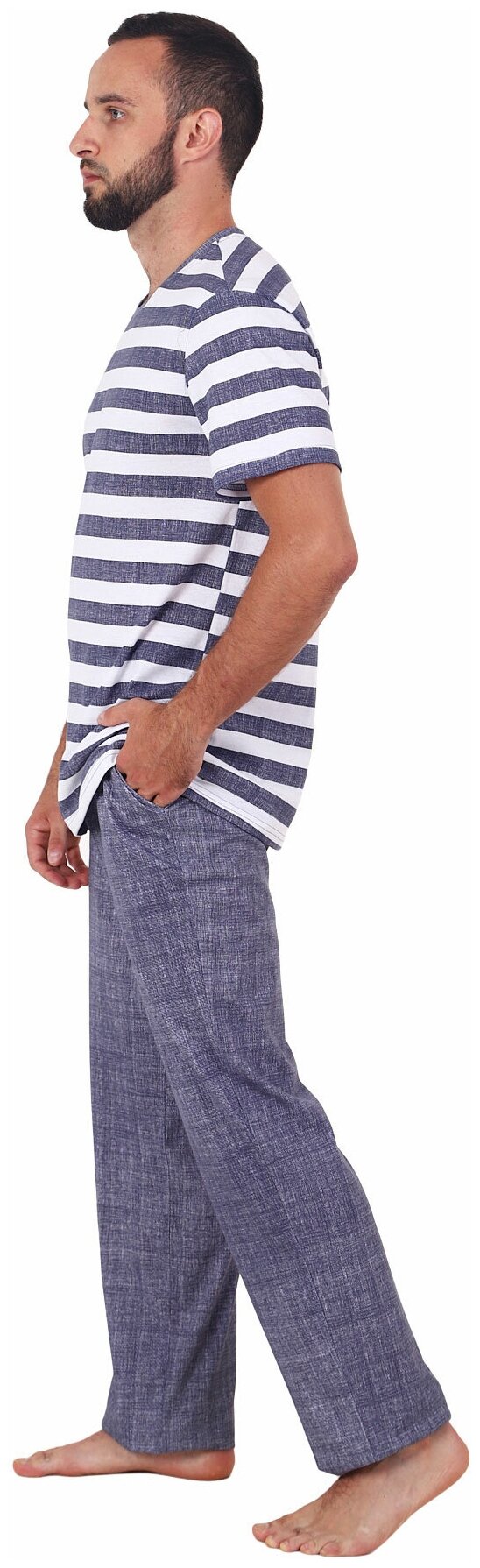 Мужская пижама Вояж Синий размер 58 Кулирка Оптима трикотаж футболка в полоску с коротким рукавом брюки с карманами - фотография № 3