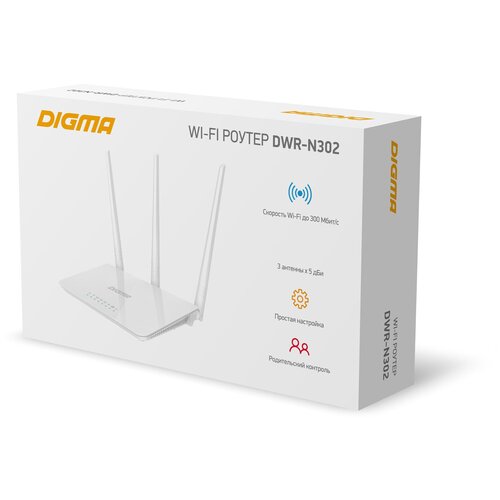 Wi-Fi роутер Digma DWR-N302, N300, белый wi fi роутер digma dwr n301 черный