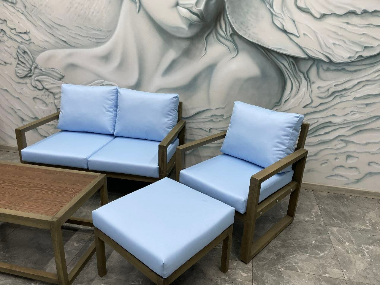 Комплект садовой мебели (диван, кресло, стол, пуфик), цвет: голубой 2.0 - фотография № 2