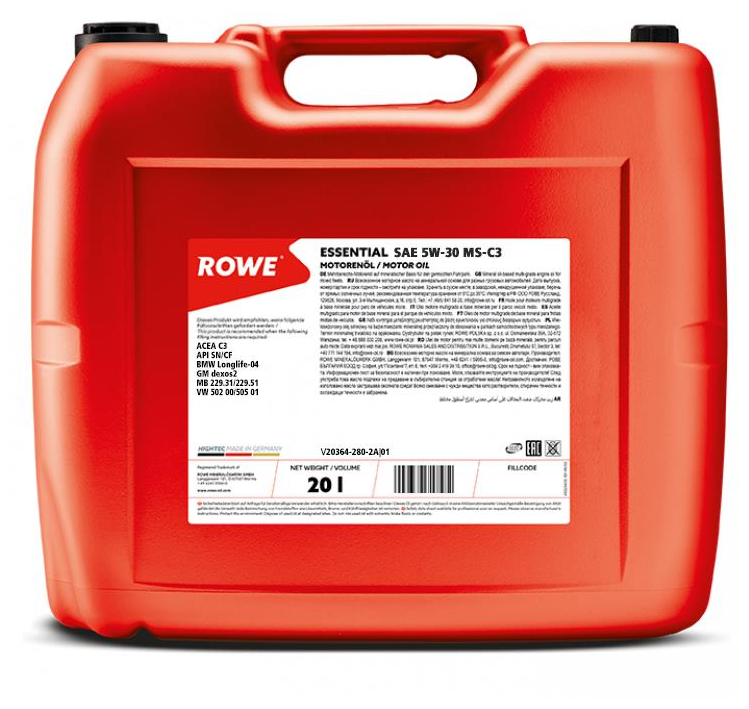 Масло моторное 5w30 rowe 20л нс-синтетика essential ms-c3 sn/cf, rowe, 20364-280-2a