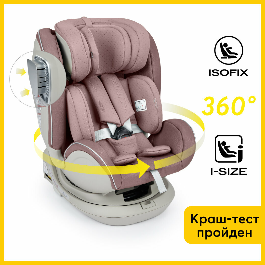 Автокресло детское от 0-12 лет, автокресло i-size, поворот на 360, I-Unix Happy Baby, крепление isofix, группа 0+/1/2/3 (0-36 кг), экокожа, розовый