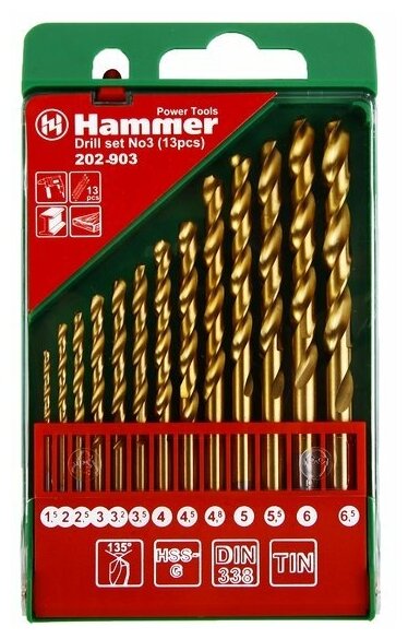 Набор сверл 1,5-6,5 мм, металл Hammer Flex 202-903 DR set No3 (13pcs), 13шт., 30784