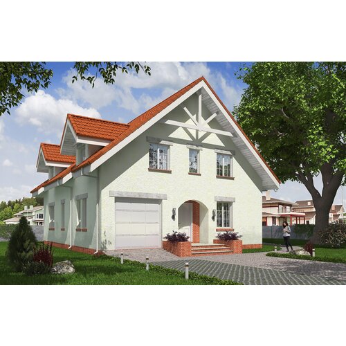 Одноэтажный дом с мансардой, гаражом и террасой (200 м2, 12м x 11м) Rg5252