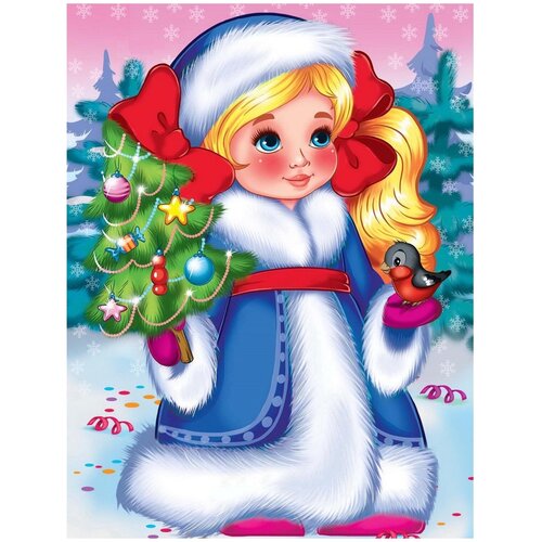 фото Алмазная мозаика 17x22 см, с подрамником, с полным заполнением, 18 цв. "снежная девочка с ёлочкой и снегирем" без бренда