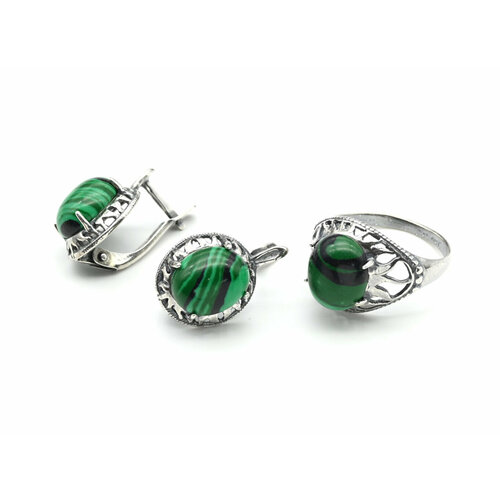 фото Комплект бижутерии: кольцо, серьги, малахит синтетический, размер кольца 18, зеленый кольцо серьги с малахитом имитация размер 18