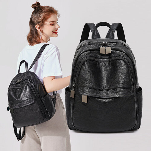 Изображение товара Противоугонный рюкзак "Новинка 2024", натуральная кожа, женский, черный, 20-35 л