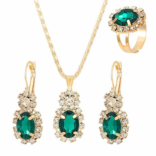Комплект бижутерии BeOneDesire колье кольцо серьги искусственный камень размер кольца безразмерное размер кольецепочки 62 см зеленый 307₽