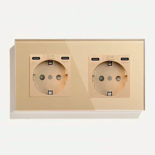 Изображение товара Розетка электрическая 2 поста с Type-C, Type-C, быстрая зарядка 20W, цвет золотой