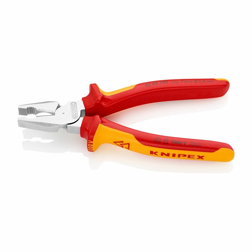 Пассатижи - плоскогубцы KNIPEX комбинированные особой мощности VDE, 180 мм, хром, 2-комп диэлектрические ручки KN-0206180 — фото 1