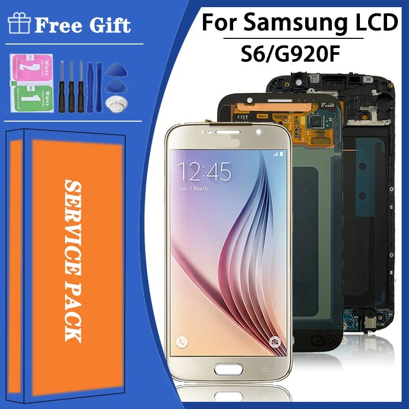 Super AMOLED S6 ЖК-дисплей для Samsung S6 G920 G920i G920F G920W8 ЖК-дисплей с цифровым преобразователем сенсорного экрана в сборе с тенью для ожогов, Blue With Frame