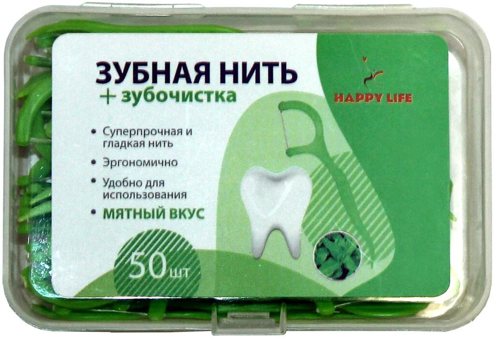 Зубная нить с зубочисткой / флоссеры Happy Life с мятой