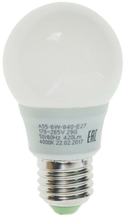 Лампа светодиодная E27 A55 6W (60W) 220V холодный ECO ЭРА ЭРА LED-SMD-A55-6W-840-E27 ECO