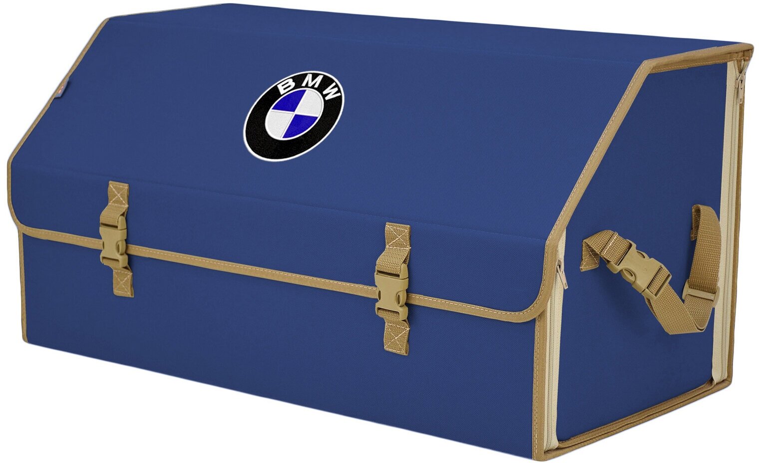 Органайзер-саквояж в багажник "Союз" (размер XL Plus). Цвет: синий с бежевой окантовкой и вышивкой BMW (БМВ).