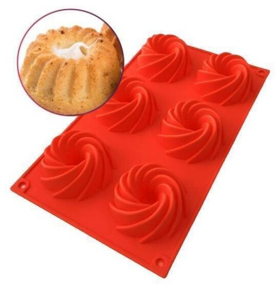 фото Силиконовая форма для выпечки кексов, 6 ячеек, красный