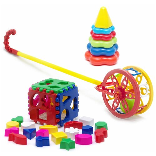 фото Набор развивающий каталка "колесо" 40-0032 + игрушка "кубик логический большой" 40-0010 + пирамида детская малая 40-0046 karolina toys
