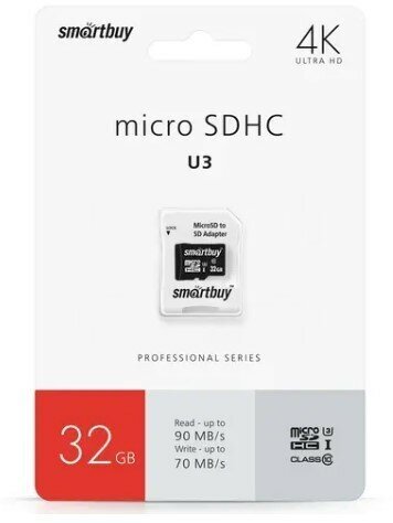 Smartbuy (sb32gbsdcl10u3-01) Micro Sdhc 32GB CLASS10 PRO U3 R/w: 90/70 Mb/s (с адаптером SD) .