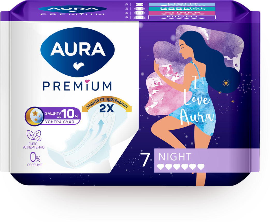 AURA PREMIUM Прокладки женские гигиенические NIGHT 7шт