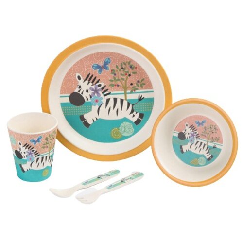 фото Набор детской бамбуковой посуды "зебра", тарелка, миска, стакан, приборы, 5 предметов сима-ленд