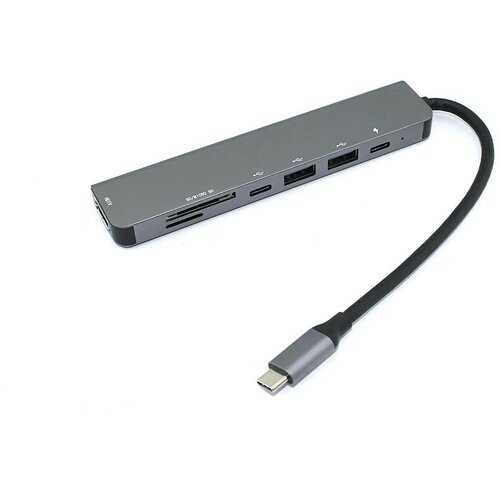 Адаптер Type C на HDMI, PD+, USB 3.0*2 + SD/TF для MacBook серебро адаптер type c на hdmi usb 3 0 2 разъёма и 2 разъёма зарядки type c кардридер sd tf для macbook серебро