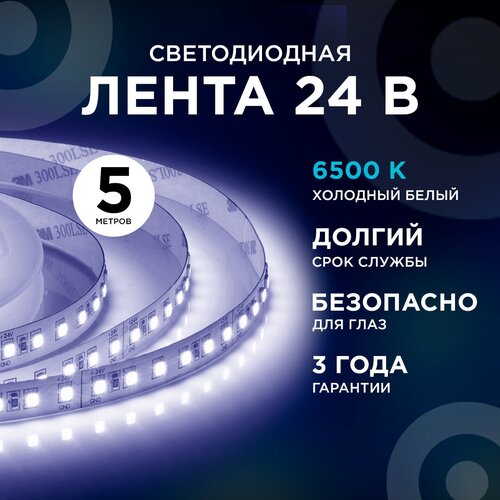 Яркая светодиодная лента 00-343-1 с напряжением 24В / 6500K / 1500 Лм/м / 120д/м / 20Вт/м / smd2835 / IP20 / длина 5 м