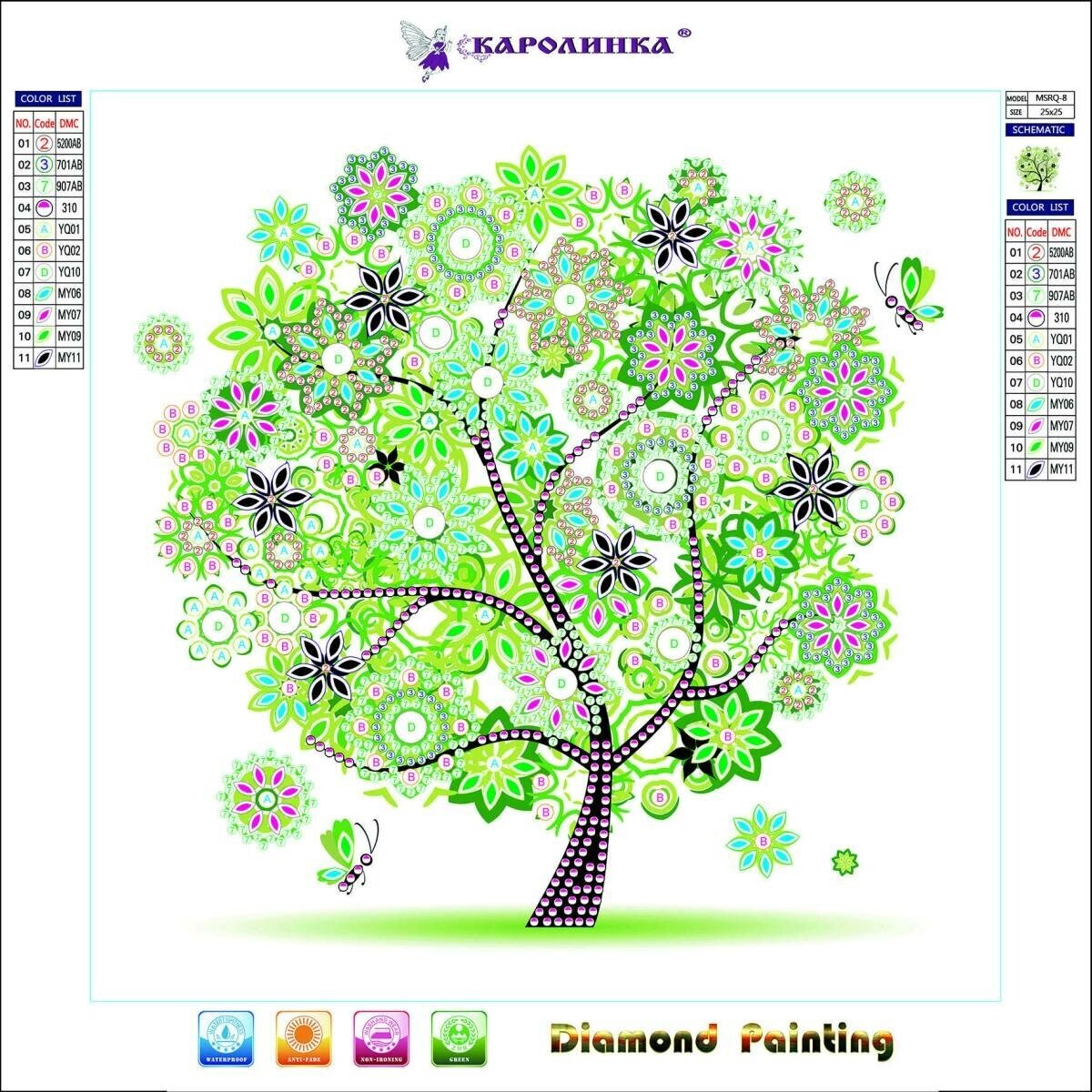 фото "Зеленое дерево"(цена производителя). Алмазная мозаика с декор. элементами 5Д 30х30см каролинка