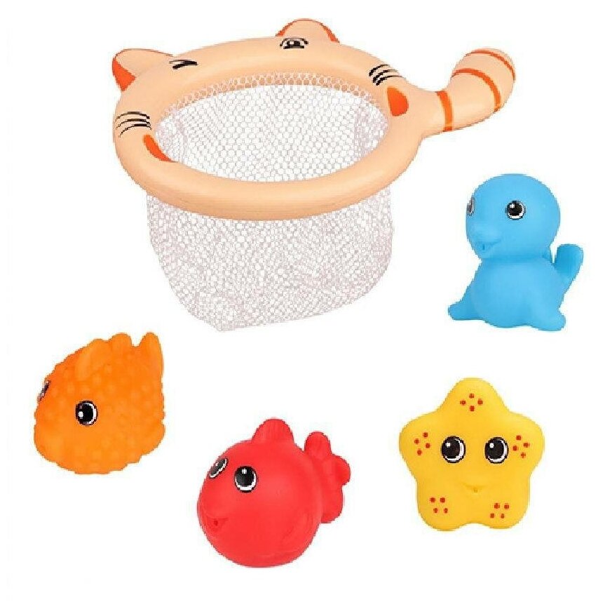 Набор игрушек для ванны ABtoys Веселое купание Морские обитатели 4 фигурки и сачок-кошка в ассортименте Junfa Toys - фото №2