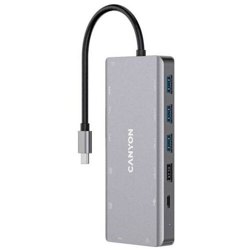 Концентратор USB Type-C Canyon CNS-TDS12 USB 2.0 3 х USB 3.0 2 х USB Type-C RJ-45 VGA 2 x HDMI microSD 3.5мм miniJack серый