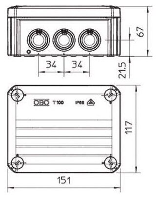 Коробка распределительная 150х116х67мм IP66 T 100 10х25 свет. сер. OBO 2007077 - фотография № 3