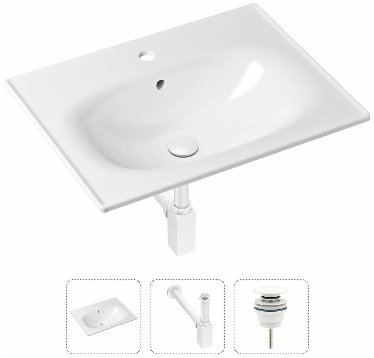 Комплект 3 в 1 Lavinia Boho Bathroom Sink 21520456: врезная фарфоровая раковина 60 см, металлический сифон, донный клапан