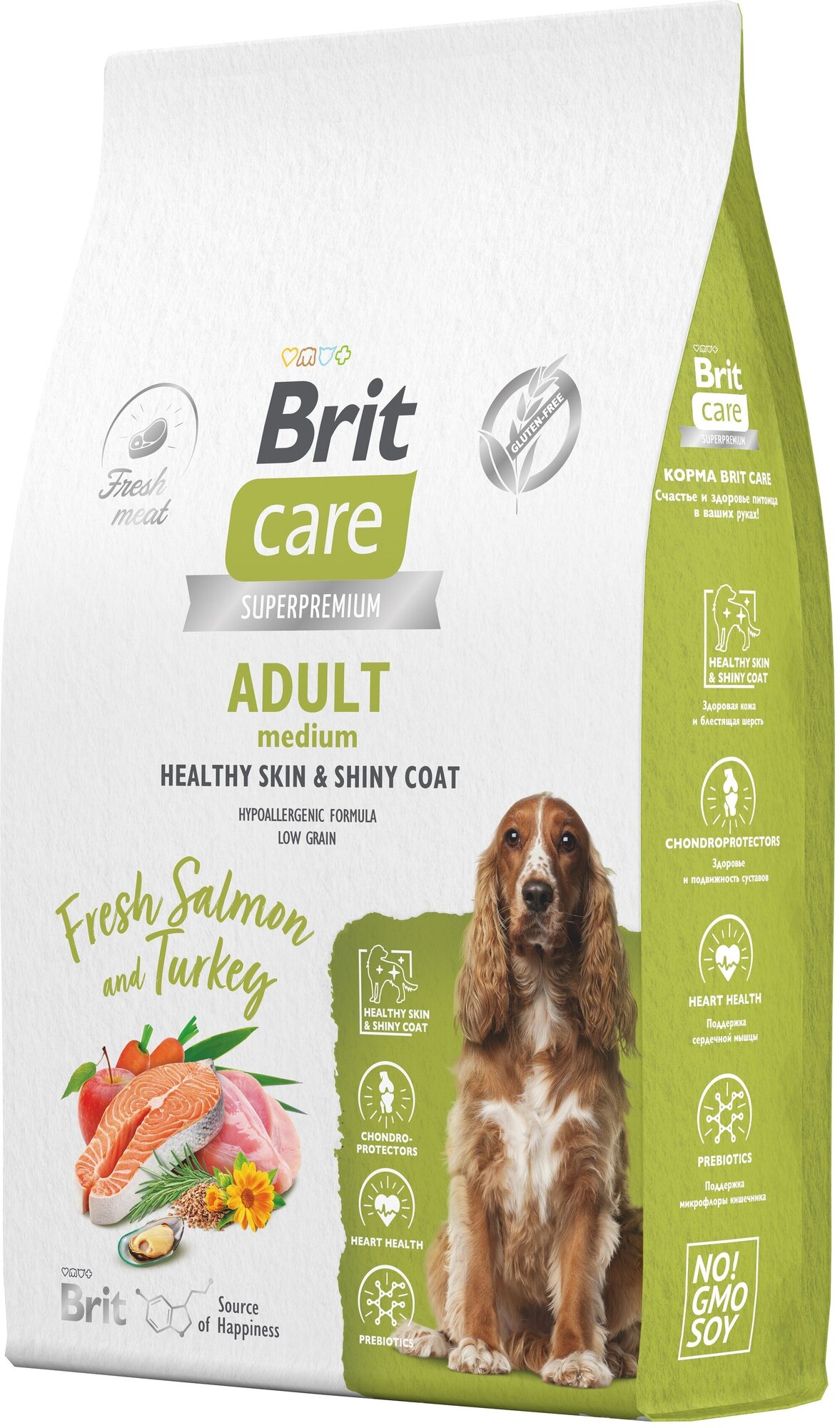 Сухой корм BRIT CARE супер-премиум с лососем и индейкой для взрослых собак средних пород "Dog Adult M Healthy Skin&Shiny Coat" 12 кг