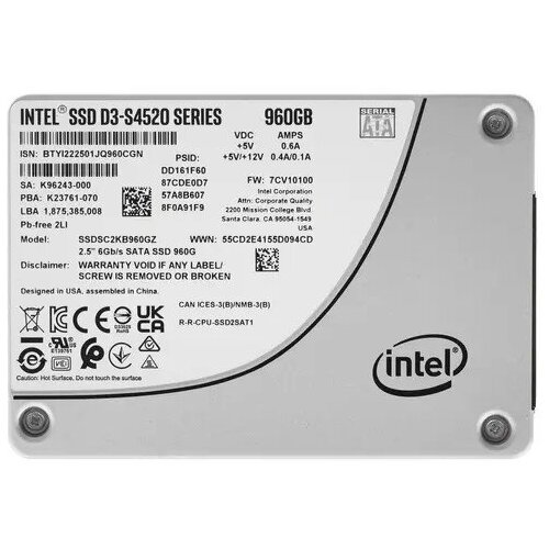 SSD Intel Original SATA III 960Gb SSDSC2KB960GZ01 99A0AF D3-S4520 2.5