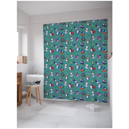 фото Штора (занавеска) для ванной "зимние забавы зверей" из сатена, 180х200 см с крючками joyarty
