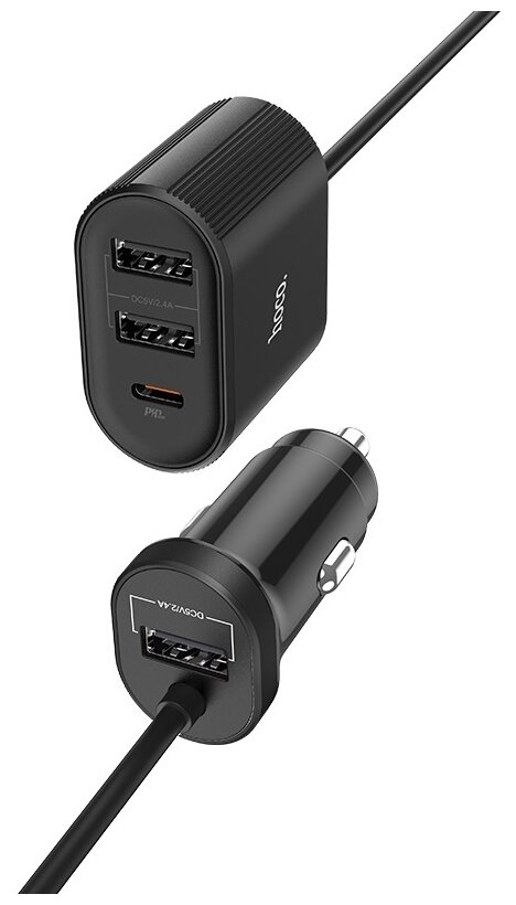 Автомобильное зарядное устройство Hoco Z35 с переходником на 2 USB и Type-C PD3.0 черный