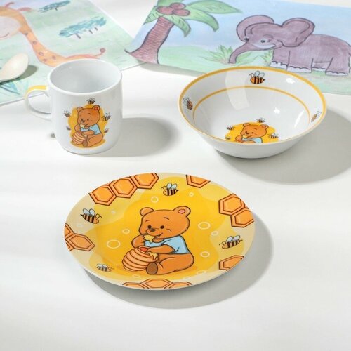 Набор детской посуды из керамики Доляна «Медвежонок и мёд», 3 предмета: кружка 230 мл, миска 400 мл, тарелка d=18 см бабушкина н м завтраки обеды ужины