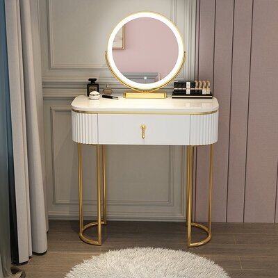 Современный туалетный столик из МДФ с ребристыми боковинами без тумбы с зеркалом, белый (80 см столик + зеркало, без табурета)
