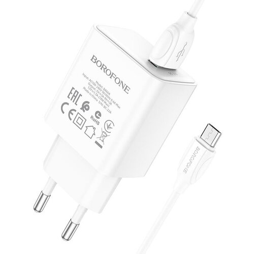 Блок питания сетевой 1 USB Borofone, BA66A, 3000mA, пластик, QC3.0, кабель USB - микро USB, 1.0м, цвет: белый блок питания автомобильный 1 usb borofone bz19a wisdom 18вт qc3 0 кабель микро usb цвет синий