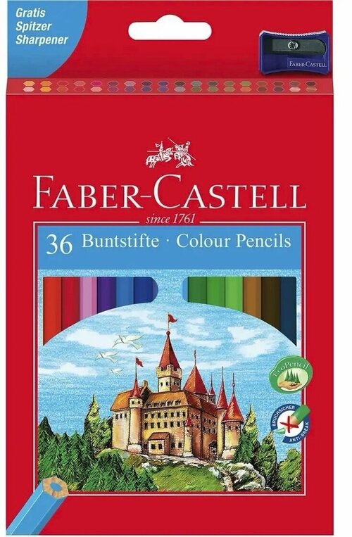 Цветные карандаши FABER-CASTELL EcoPencil 36 цветов Замок, шестигранные, защита от поломок, с точилкой