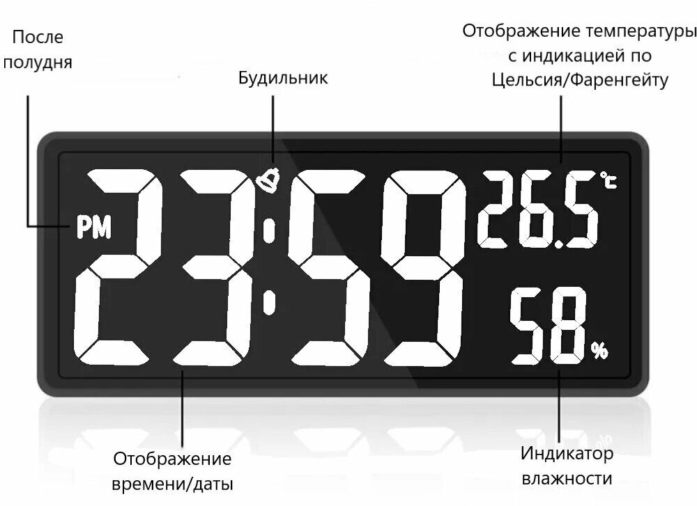 Часы большие/Светодиодные цифровые часы, дисплей с большими цифрами, температура и влажность - фотография № 5