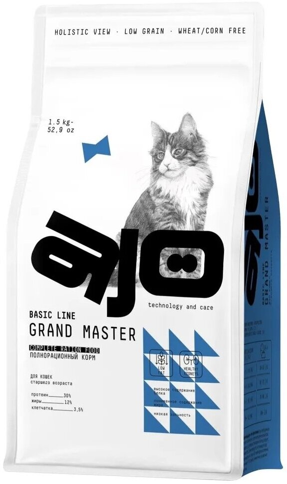 AJO Cat Grand Master Сухой корм для пожилых кошек, для профилактики мочекаменной болезни, Курица 1.5кг