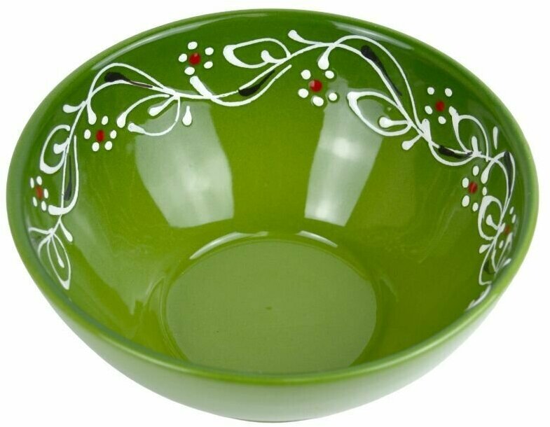 фото Глубокий зеленый салатник из керамики Лето, диаметром 20 см.