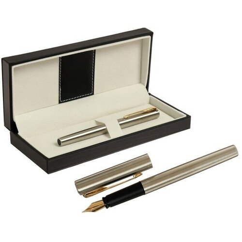 Ручка подарочная перьевая в кожзам футляре ПБ VхL, корпус серебро с золотом