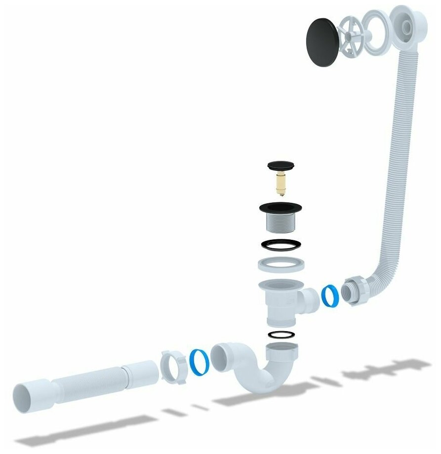 Сифон для ванны АНИ пласт EC155BL с выпуском 1 1/2"*40 прямоточный черный с переливом, клик-клак, с гибкой трубой 375*40/50 - фотография № 2