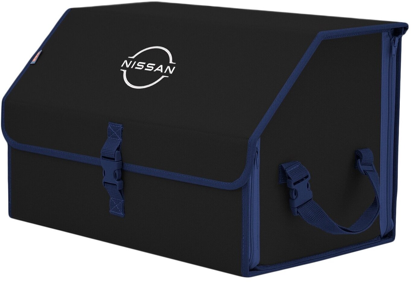 Органайзер-саквояж в багажник "Союз" (размер L). Цвет: черный с синей окантовкой и вышивкой Nissan (Ниссан).