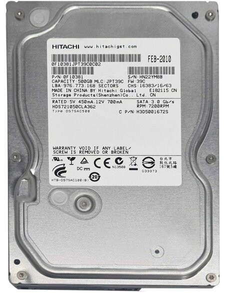 Жесткий диск HITACHI HDS721050CLA362 500ГБ HDD SATA 3.5"