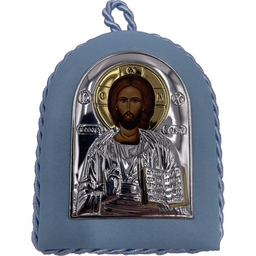 Икона Христос Спаситель, кожаный переплёт - голубого цвета, 4,5*6 см икона византийская размер 60х80