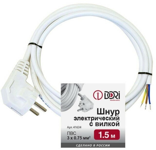 Шнур DORI ПВС 3х0,75 с вилкой белый 1,5м 9580323