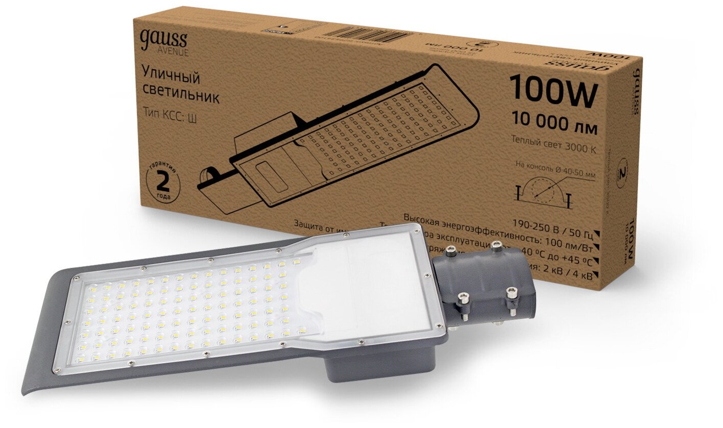 Светильник светодиодный ДВО-уличный ДКУ-100 Вт 10000Лм 4000K IP65 190-250 В КСС Ш 420х160х57 мм LED Avenue Gauss () GAUSS 629534200 (1 шт.)