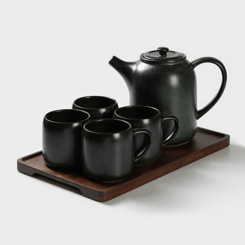 Набор керамический чайный Loft, 6 предметов: чайник 1 л, 4 кружки 250мл, поднос 33x20 см, цвет чёрный