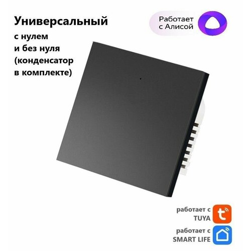 Умный выключатель Tuya с Алисой WI FI, Bluetooth с одной клавишей черный матовый универсальный с конденсатором в комплекте умный выключатель tuya с алисой wi fi bluetooth с одной клавишей белый матовый универсальный с конденсатором в комплекте