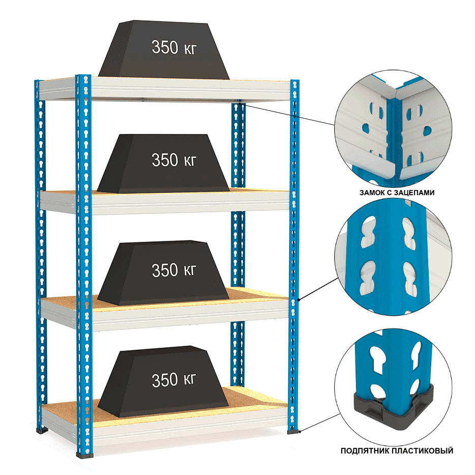 фото Стеллаж МКФ 180x120x61 см сталь 4 полки ДСП цвет серый/синий нагрузка на полку до 350 кг